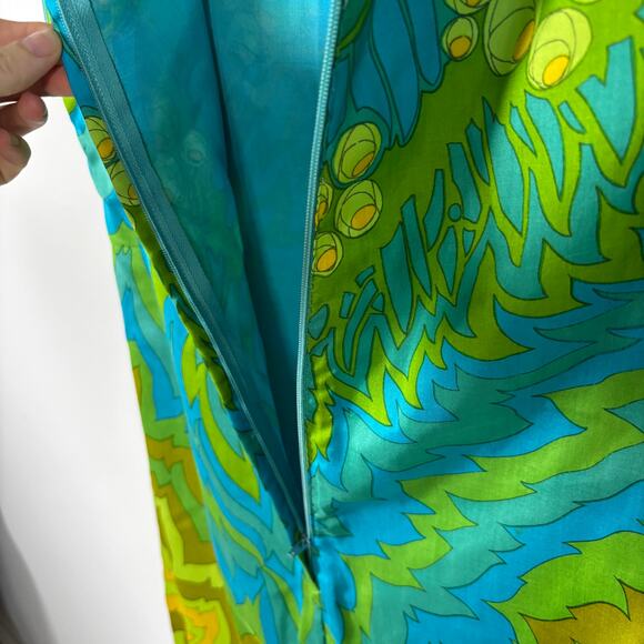 Vintage 1960s Psychedelic Shift Dress Blue Green Yellow Floral Tropical Print - Picture 10 of 16